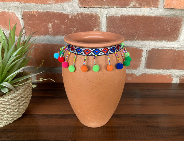18cm Rustic Terracotta Vase with Fabric Trim