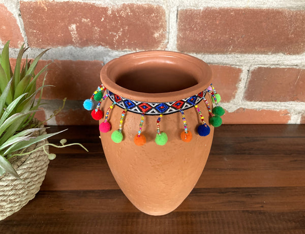18cm Rustic Terracotta Vase with Fabric Trim