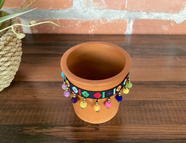 7cm Miniature Terracotta Plant Pot with Fabric Trim