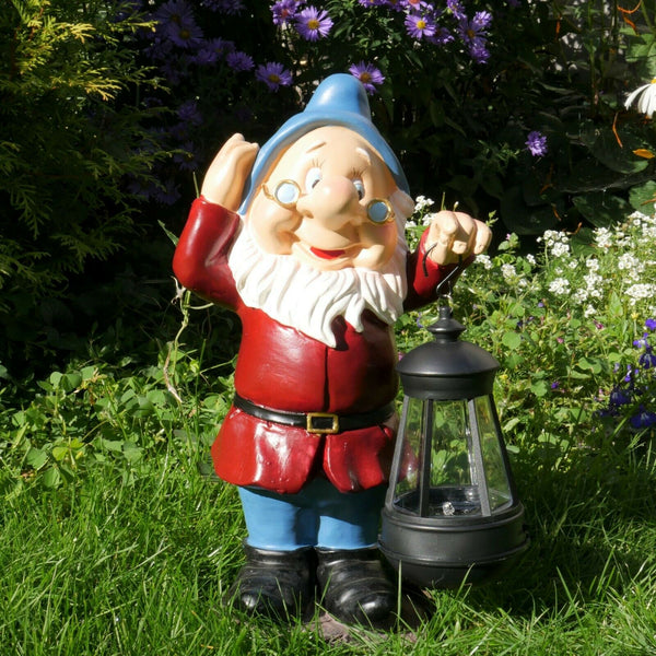 Gnome Garden Sculpture with Solar Lantern - Light Blue Hat