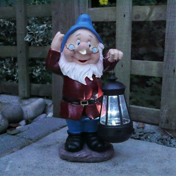 Gnome Garden Sculpture with Solar Lantern - Light Blue Hat