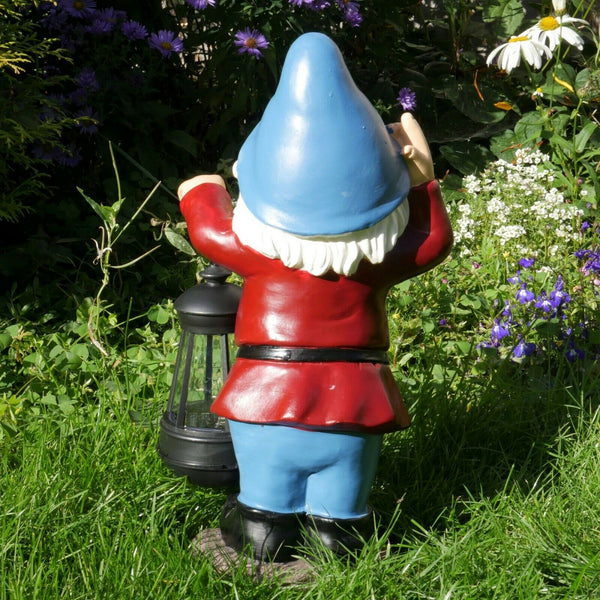 Gnome Garden Sculpture with Solar Lantern - Light Blue Hat