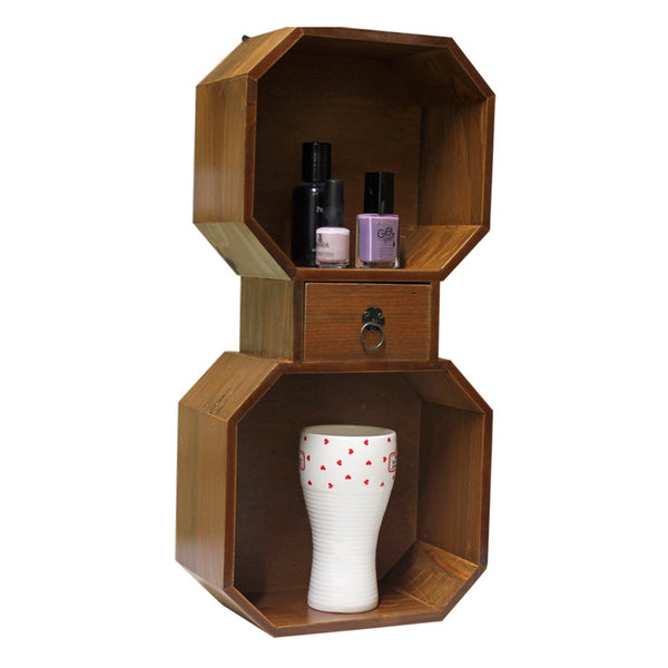 2 Tier Octagonal Rustic Wooden Hanging Cabinet in Brown