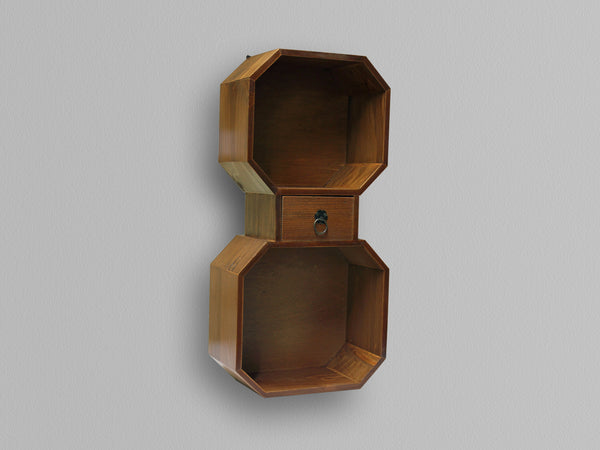 2 Tier Octagonal Rustic Wooden Hanging Cabinet in Brown