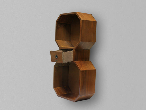 2 Tier Octagonal Rustic Wooden Hanging Cabinet in Brown