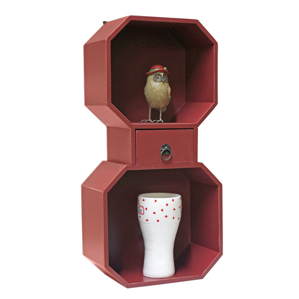 2 Tier Octagonal Rustic Wooden Hanging Cabinet in Red