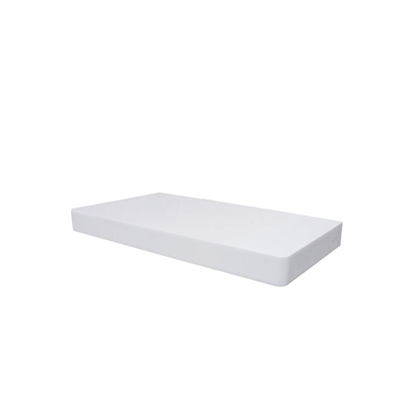 40cm long high gloss float shelf. It sticks out 20cm from the wall and has rounded corners. The shelf has a thickness of 3.8cm, colour white.