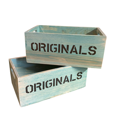 Set of 2 Vintage Blue Wood Storage Boxes Plant Crates
