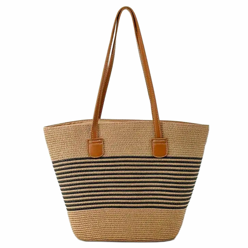 Straw Woven Tote Bag - Black Stripe