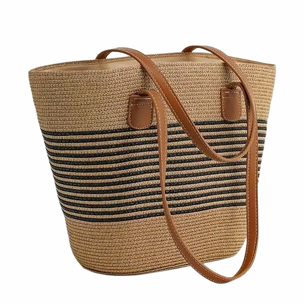 Straw Woven Tote Bag - Black Stripe
