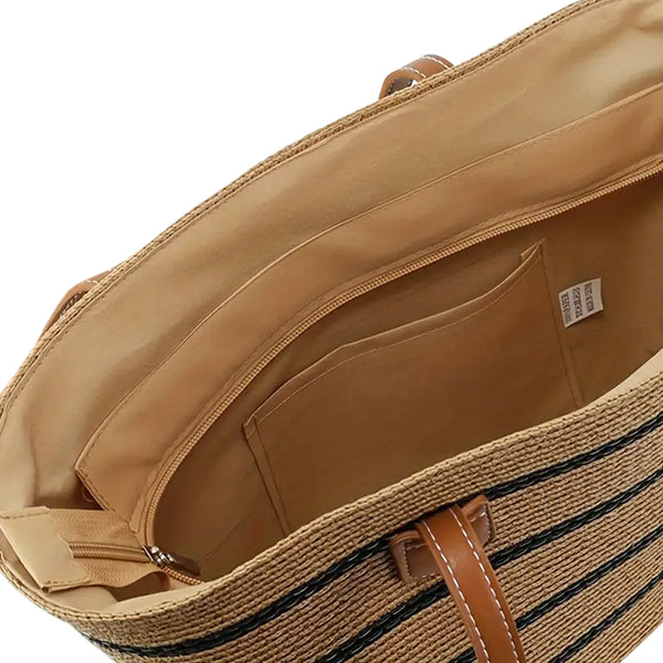 Straw Woven Tote Bag - Black Stripe