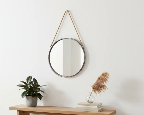 47cm Industrial Style Round Wall Mirror with Rope