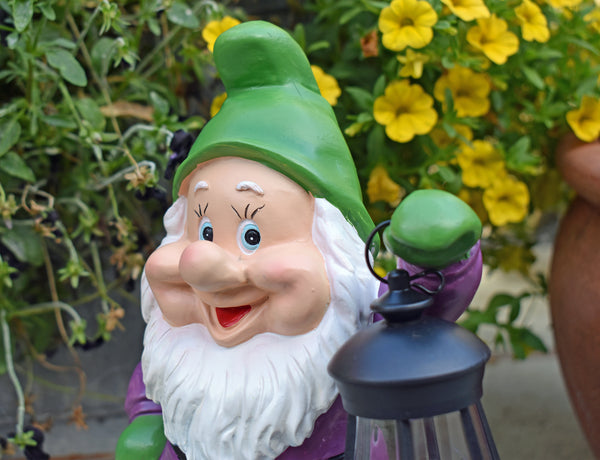 Gnome Garden Sculpture with Solar Lantern - Green Hat