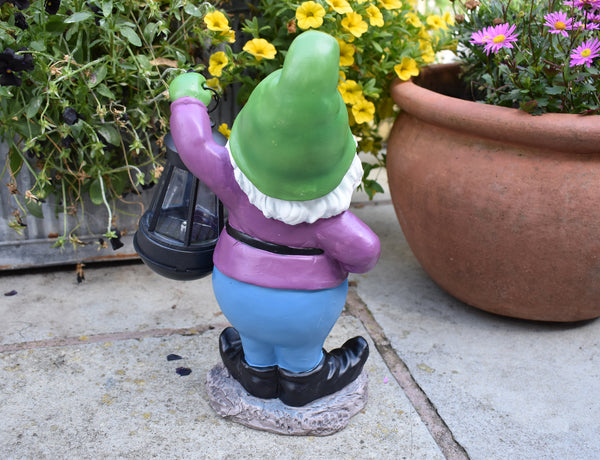 Gnome Garden Sculpture with Solar Lantern - Green Hat