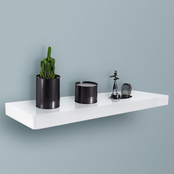 40cm long high gloss float shelf. It sticks out 20cm from the wall and has rounded corners. The shelf has a thickness of 3.8cm, colour white.