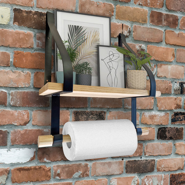 Wooden Wall Shelf with Hanging Rail & Hook
