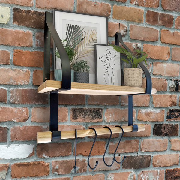 Wooden Wall Shelf with Hanging Rail & Hook