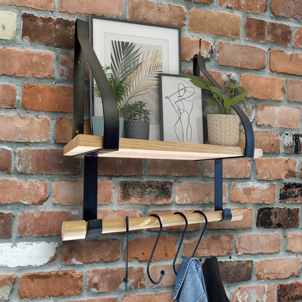 Wooden Wall Shelf with Hanging Rail & Hook