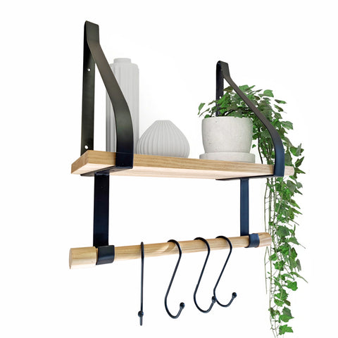 Wooden Wall Shelf with Hanging Rail & Hook