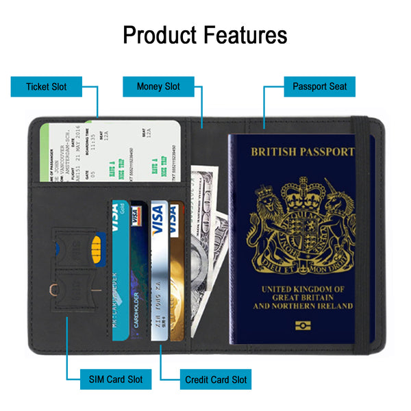 Black travel wallet with compartments for a British passport, tickets, money, and cards on a white background.