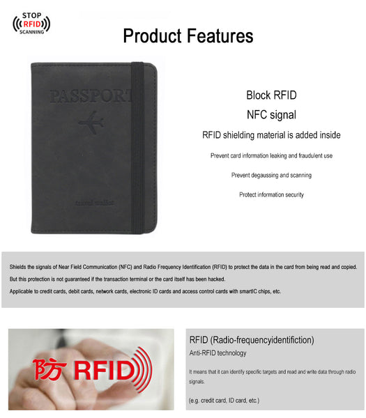 Black passport holder with RFID blocking features on a white background