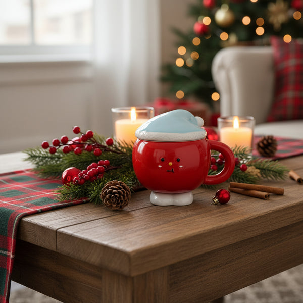 Red mug with a cartoon face on a wooden table with Christmas decorations