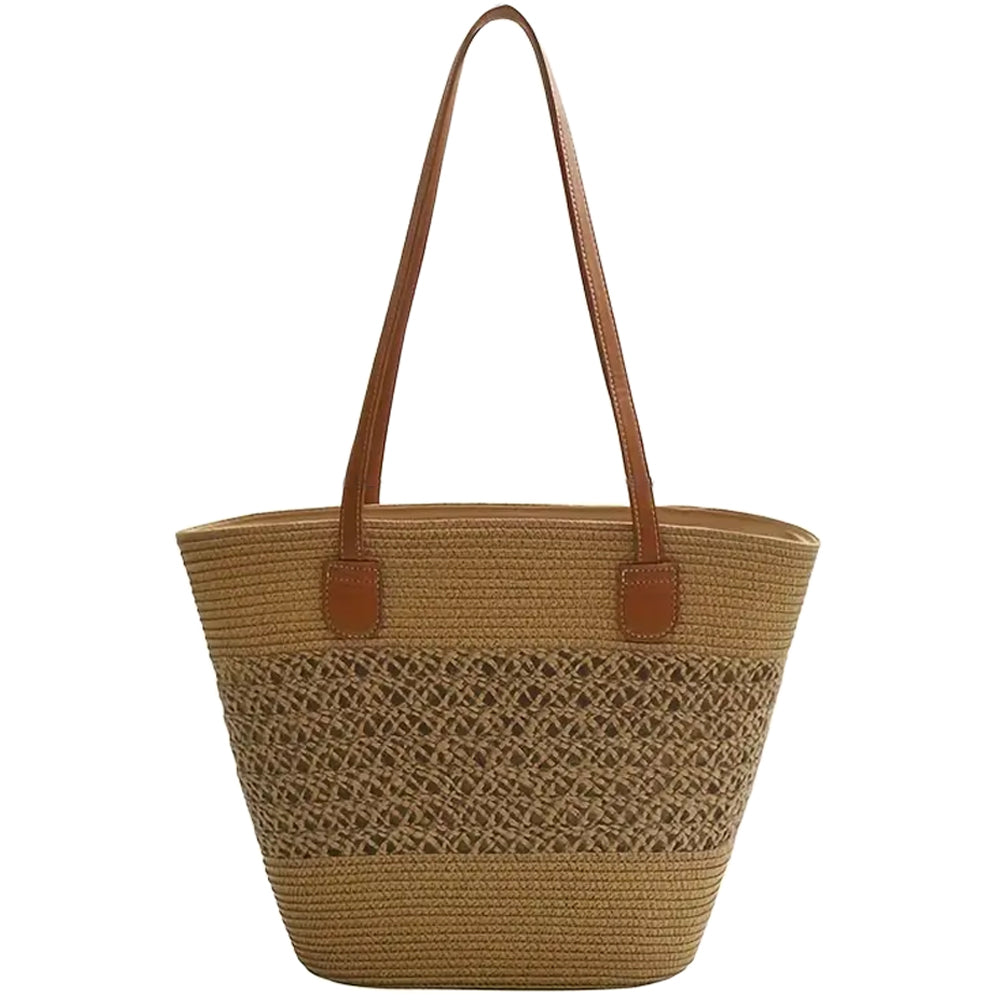 Khaki Straw Woven Tote Bag - Braided Design