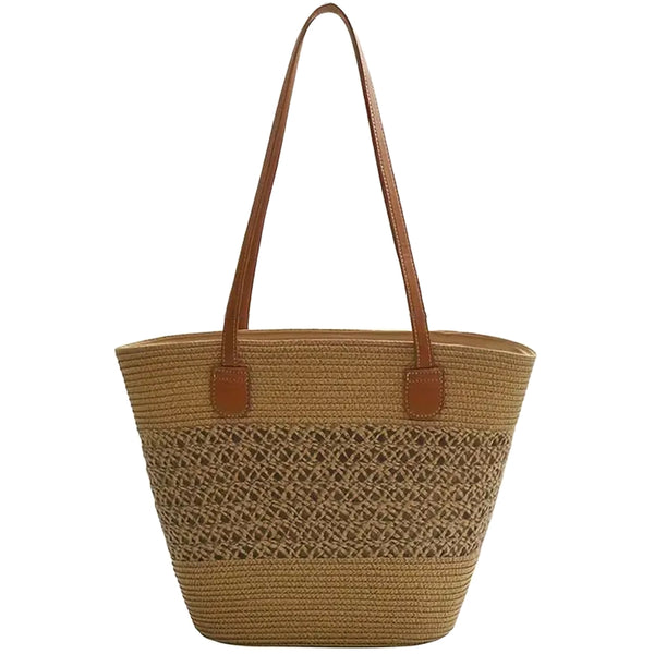 Khaki Straw Woven Tote Bag - Braided Design