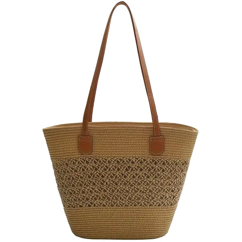 Khaki Straw Woven Tote Bag - Braided Design