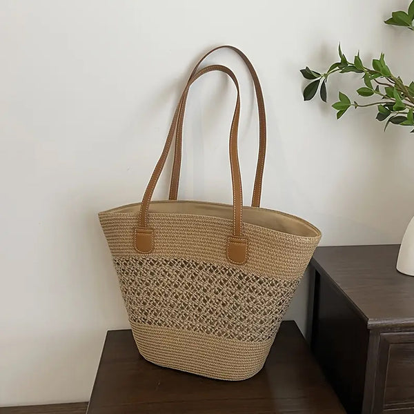 Khaki Straw Woven Tote Bag - Braided Design