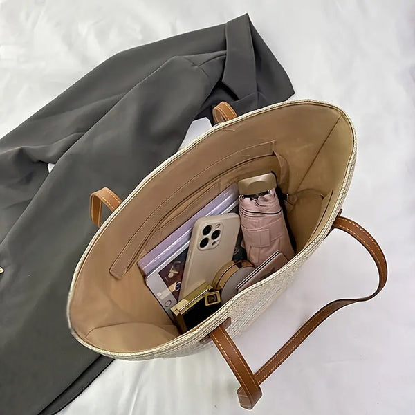 Khaki Straw Woven Tote Bag - Braided Design