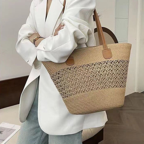 Khaki Straw Woven Tote Bag - Braided Design