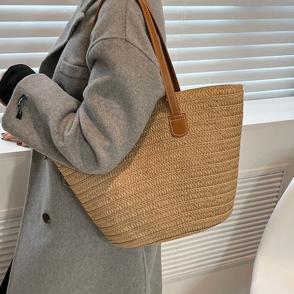Straw Woven Tote Beach Bag - Ribbed