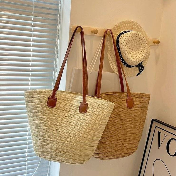 Straw Woven Tote Beach Bag - Ribbed