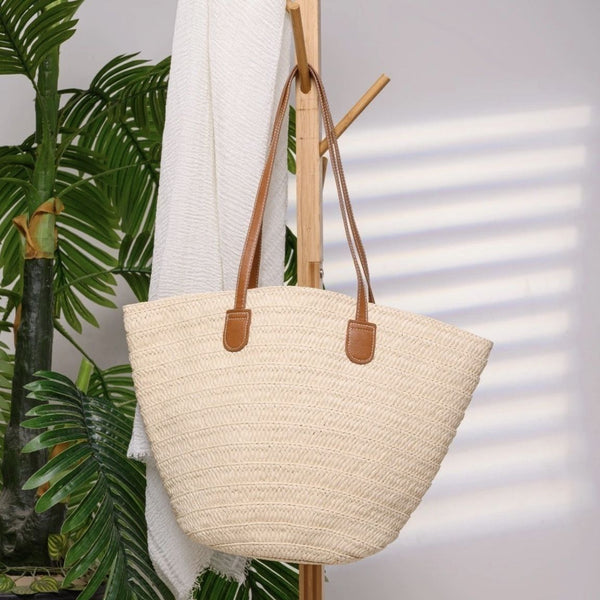 Straw Woven Tote Beach Bag - Ribbed