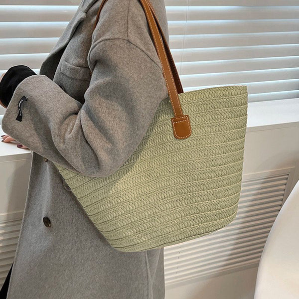 Straw Woven Tote Beach Bag - Ribbed