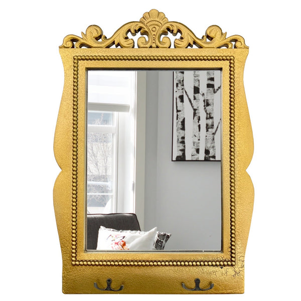 Antique Style Rectangular Wall Mirror with Hooks - Gold