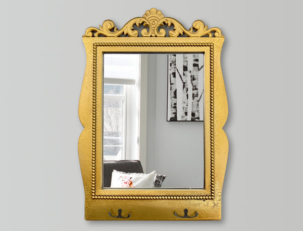 Antique Style Rectangular Wall Mirror with Hooks - Gold