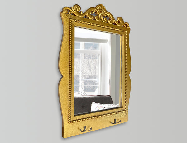 Antique Style Rectangular Wall Mirror with Hooks - Gold