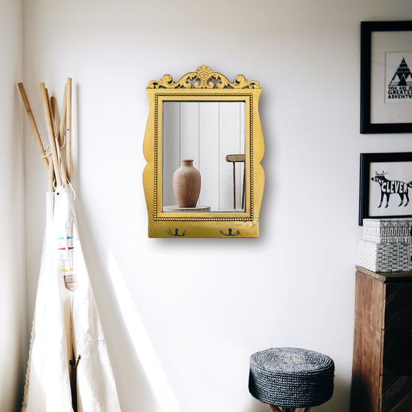 Antique Style Rectangular Wall Mirror with Hooks - Gold