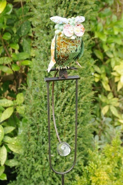 Owl Ornament Metal Balance Green Bird Garden Sculpture Stake Stand Lawn Decor