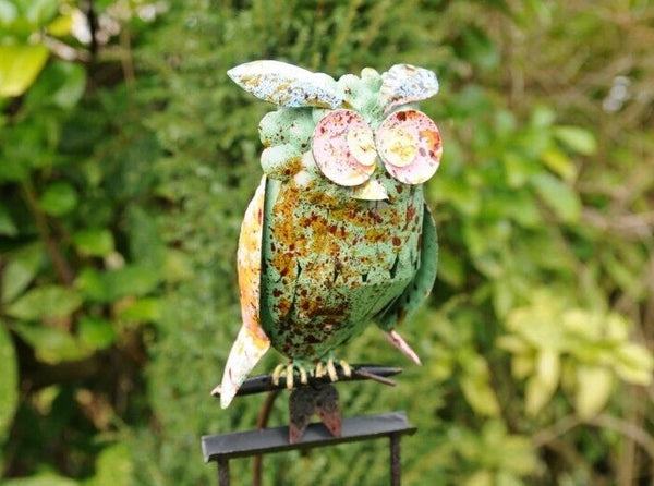 Owl Ornament Metal Balance Green Bird Garden Sculpture Stake Stand Lawn Decor
