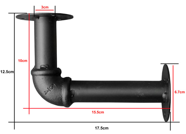 Set of 2 - Industrial Pipe Shelf Brackets - Black 15.5cm