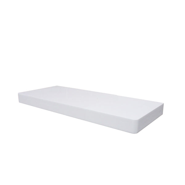 50cm long high gloss float shelf. It sticks out 20cm from the wall and has rounded corners. The shelf has a thickness of 3.8cm, colour white.
