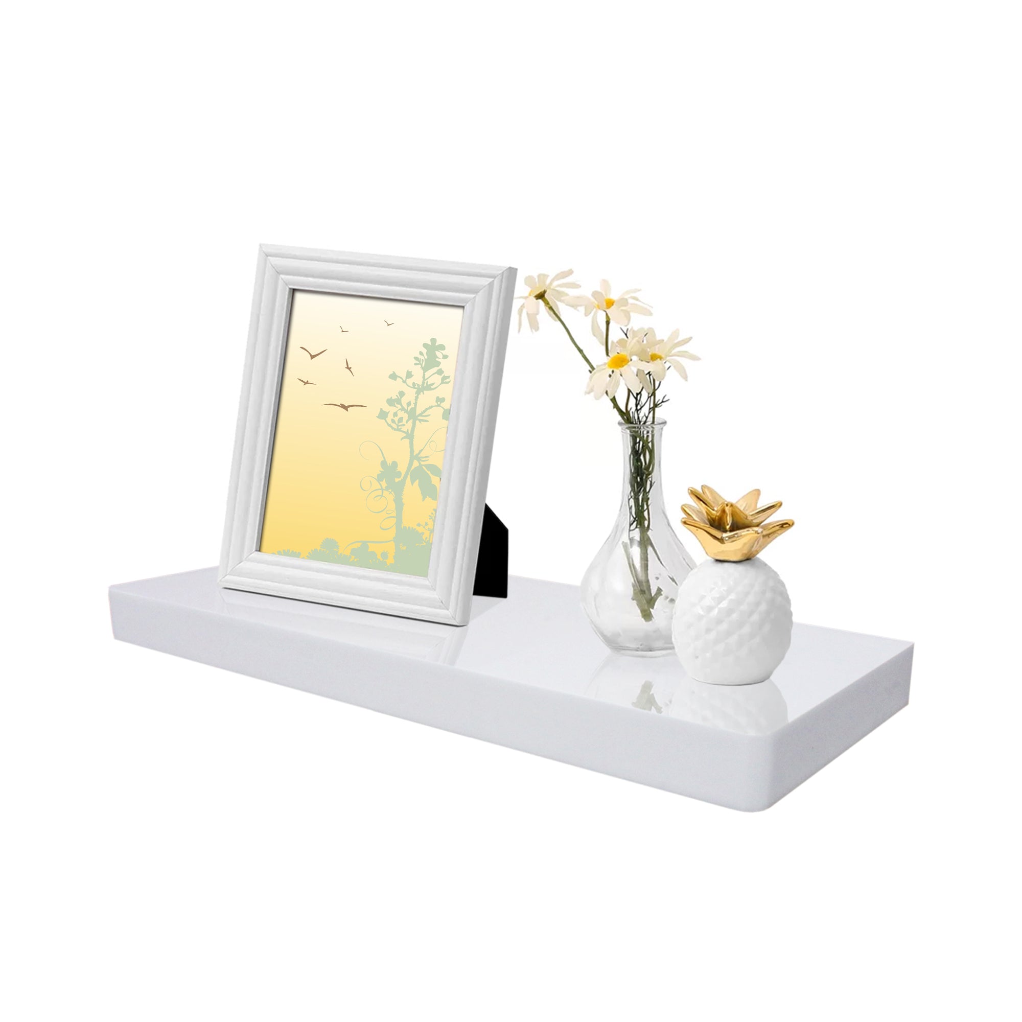 50cm long high gloss float shelf. It sticks out 20cm from the wall and has rounded corners. The shelf has a thickness of 3.8cm, colour white.