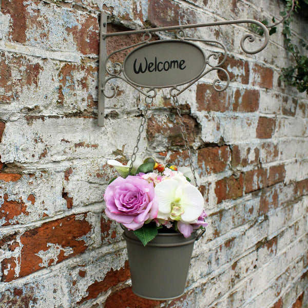 Welcome Sign Hanging Flower Planter - Grey