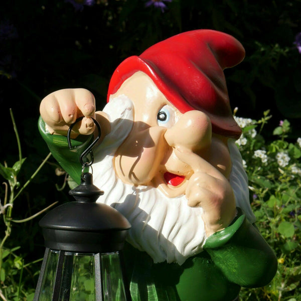 Gnome Garden Sculpture with Solar Lantern - Red Hat