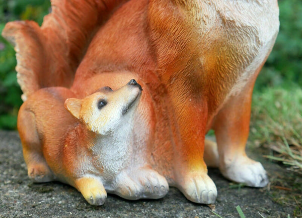Red Fox with Cub Vixen Animal Garden Ornament Lawn Patio Sculpture Home