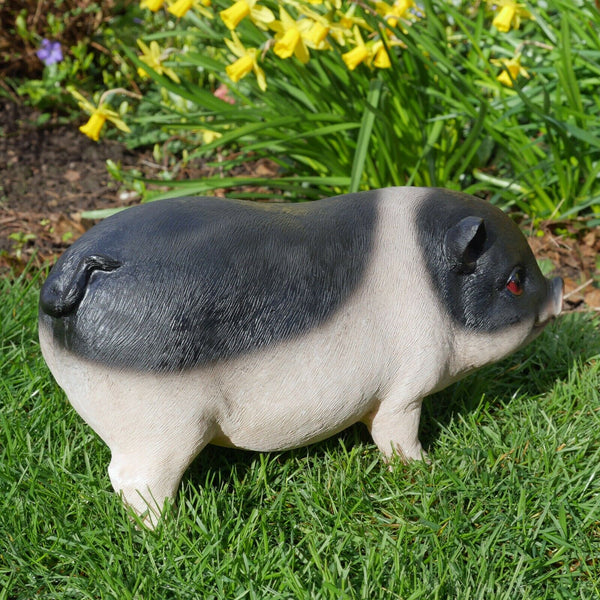 Pig Sculpture Resin Piglet Garden Ornament Patio Statue Farmyard Black Patch New