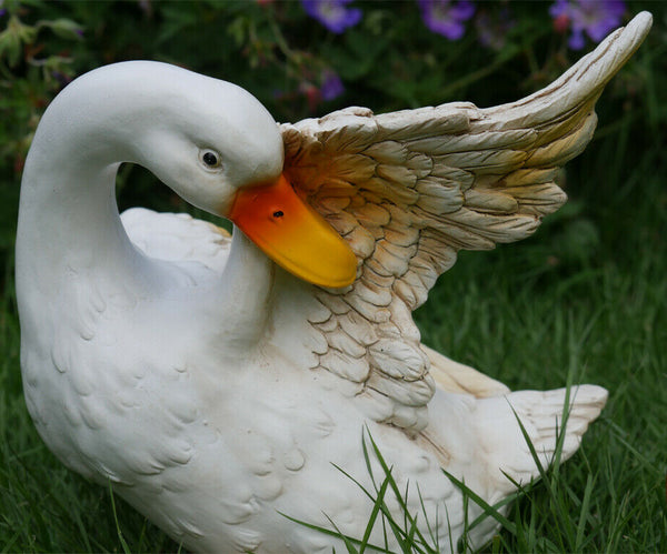Preening White Duck Garden Sculpture
